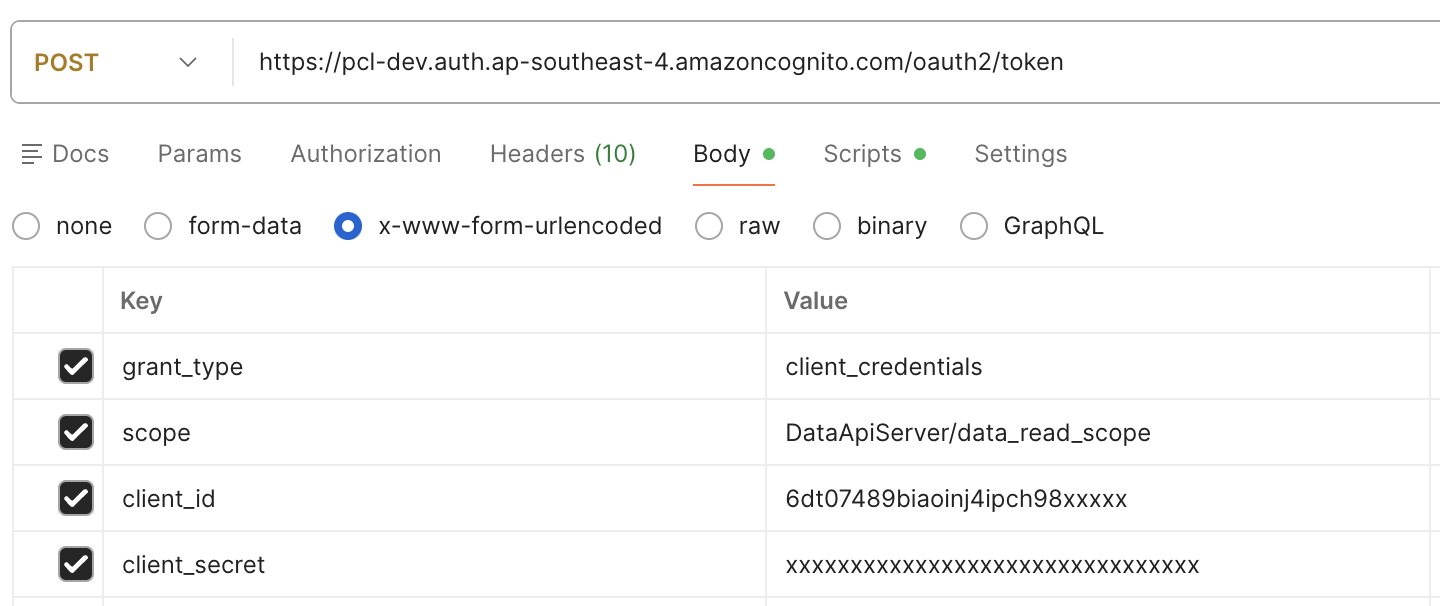 Postman screenshot showing how to include scopes in the token request